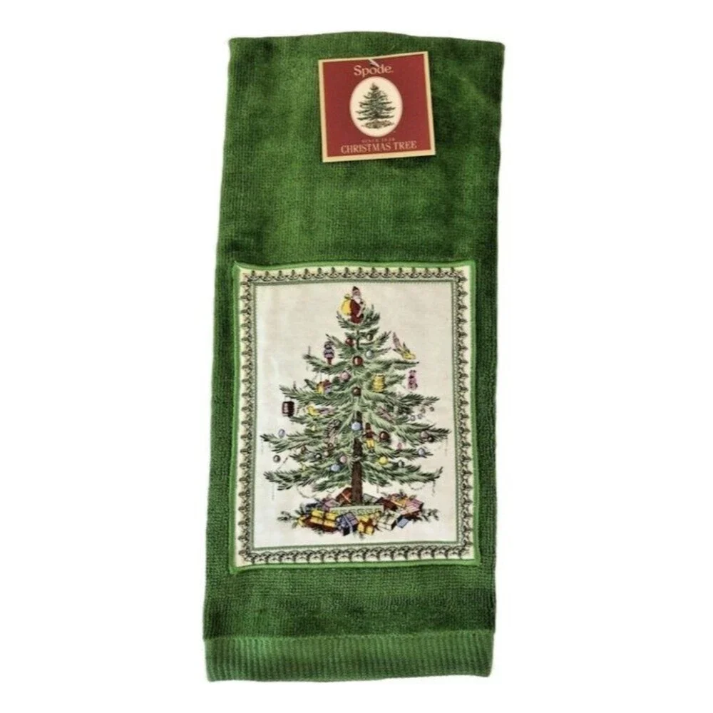 Spode Christmas Tree Kitchen Dish Towels Set of 2 Green Appliqued 100% Cotton
